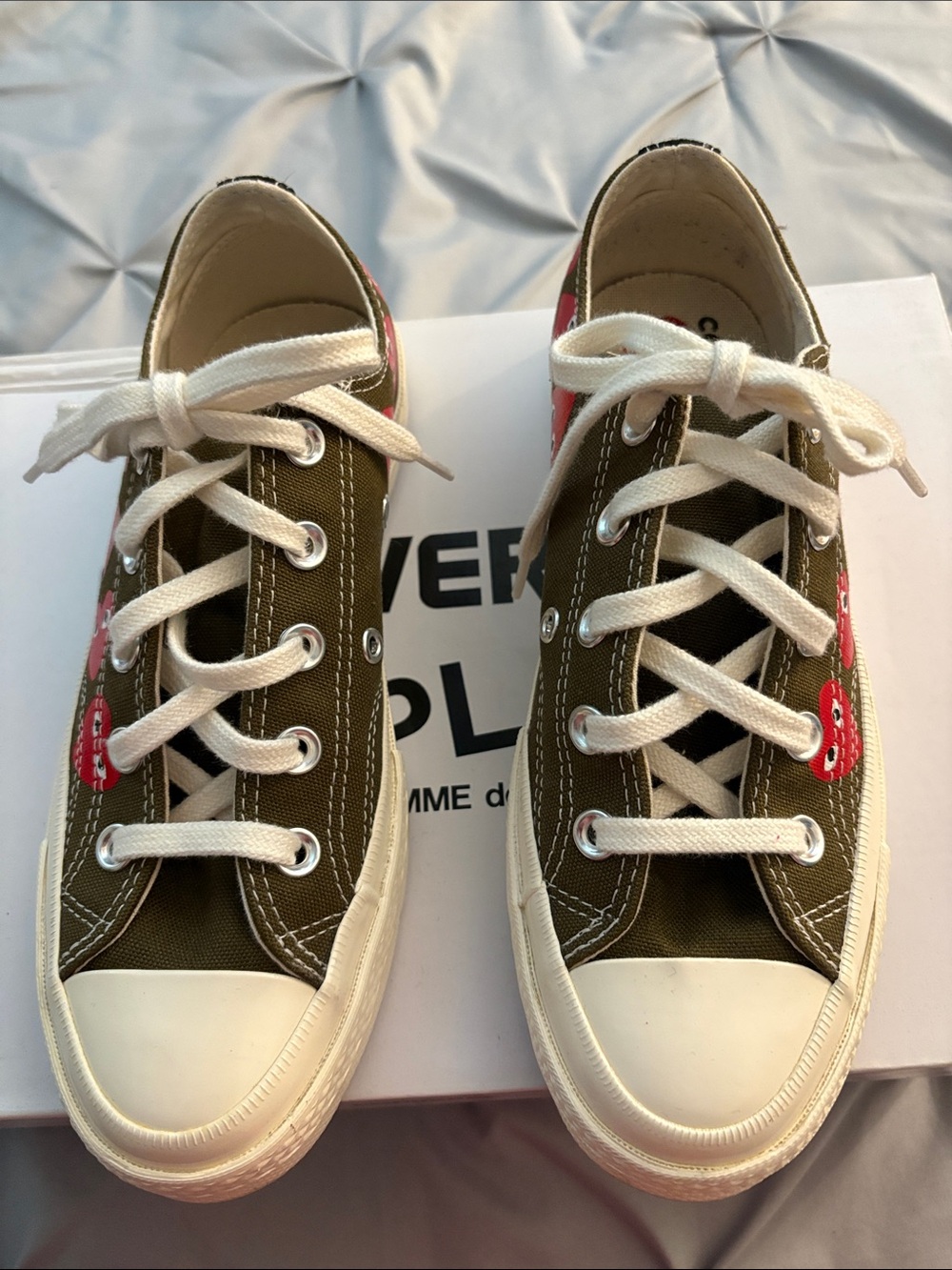 Women’s Play Comme des Garcons Olive Green Canvas Sneakers with Red Heart Accent